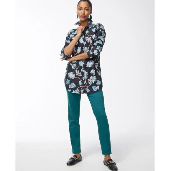 Chico’s Black Floral No Iron Cotton Stretch Button Down Tunic Blouse New Size 10 - Picture 1 of 14